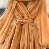 Cute V Neck Soft Chiffon Dress Fashion Girl Dress And Scarf HZ1023