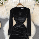 Simple V Neck Velvet Long Sleeve Dress Fashion Dress HZ1023