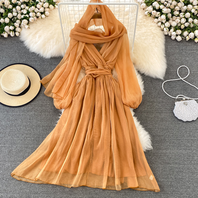 Cute V Neck Soft Chiffon Dress Fashion Girl Dress And Scarf HZ1023
