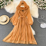 Cute V Neck Soft Chiffon Dress Fashion Girl Dress And Scarf HZ1023