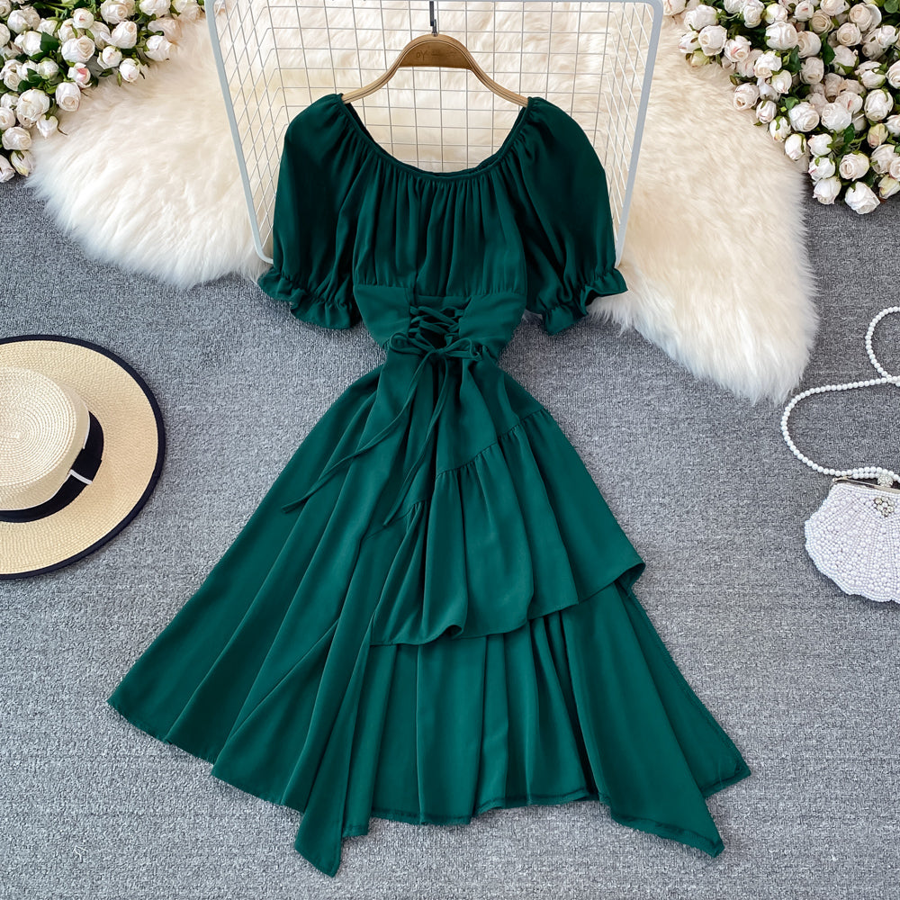 Simple Lace-Up Dress With Irregular Dress HZ1023