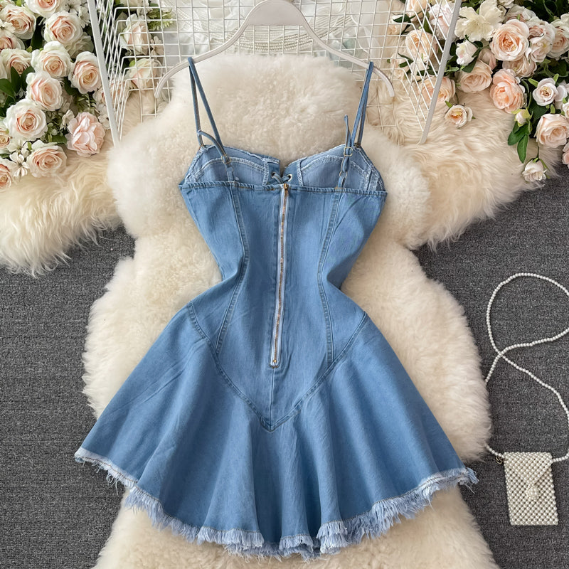 Cute Lace-Up Denim Dress A Line Fashion Dress HZ1023