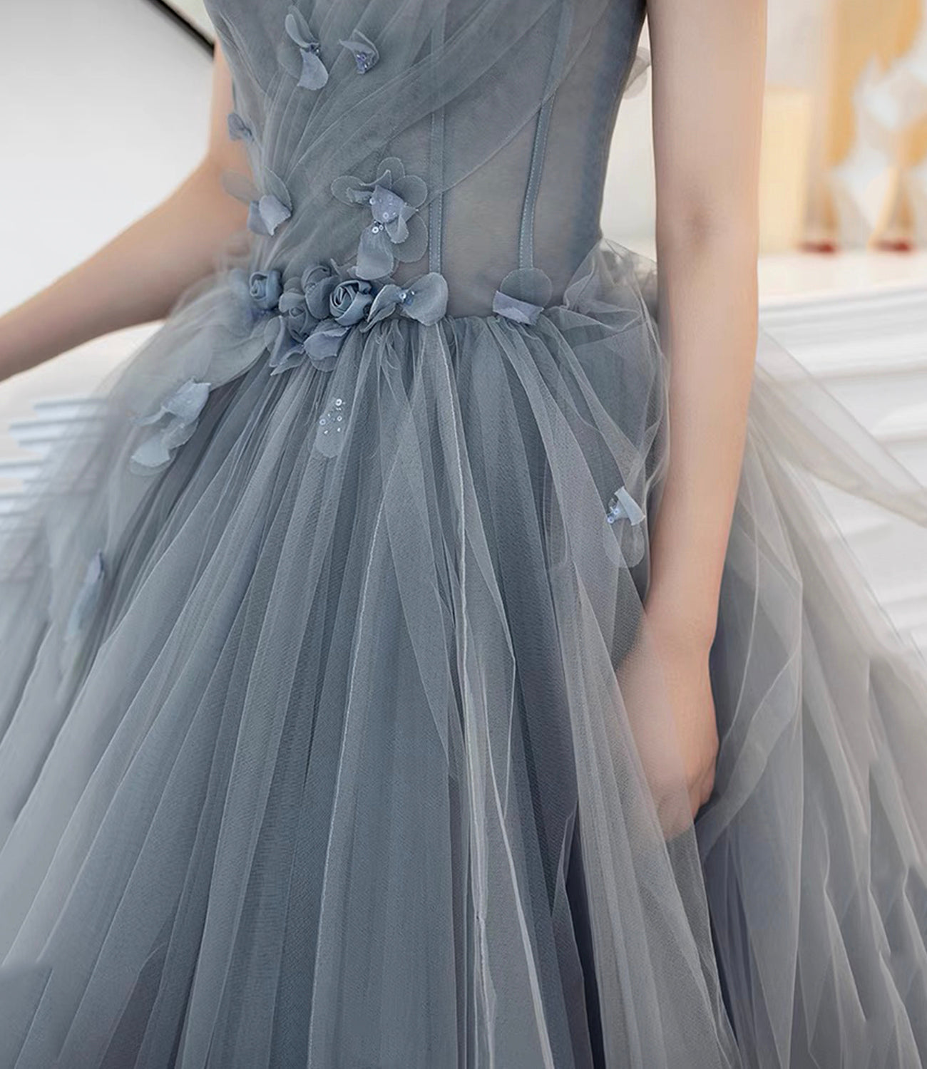 Gray tulle applique long prom dress A line evening gown HZ1023