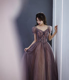 Cute tulle beads long prom dress A line evening dress HZ1023