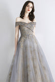 Gray tulle sequins long prom dress evening dress HZ1023