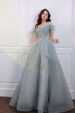 Gray tulle sequins long prom dress A line evening dress HZ1023
