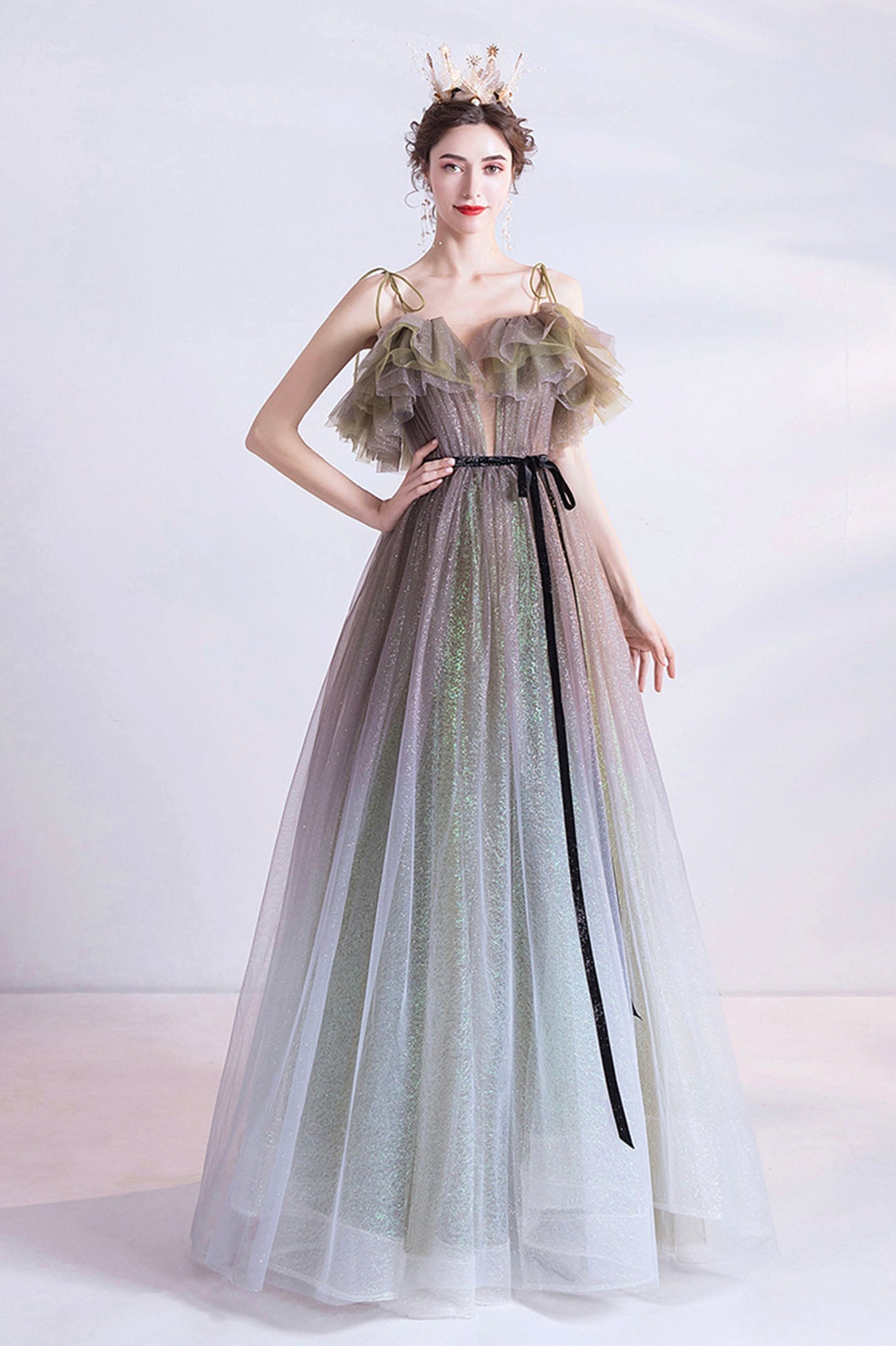 Gray green tulle sequins long prom dress evening dress HZ1023