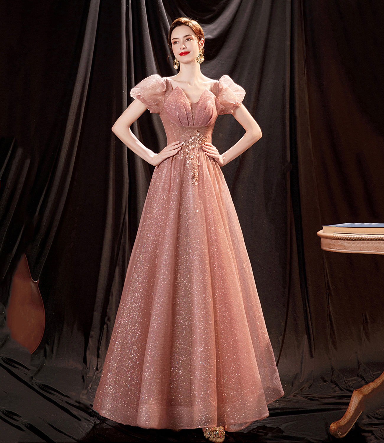 Pink tulle sequins long prom dress pink evening dress HZ1023