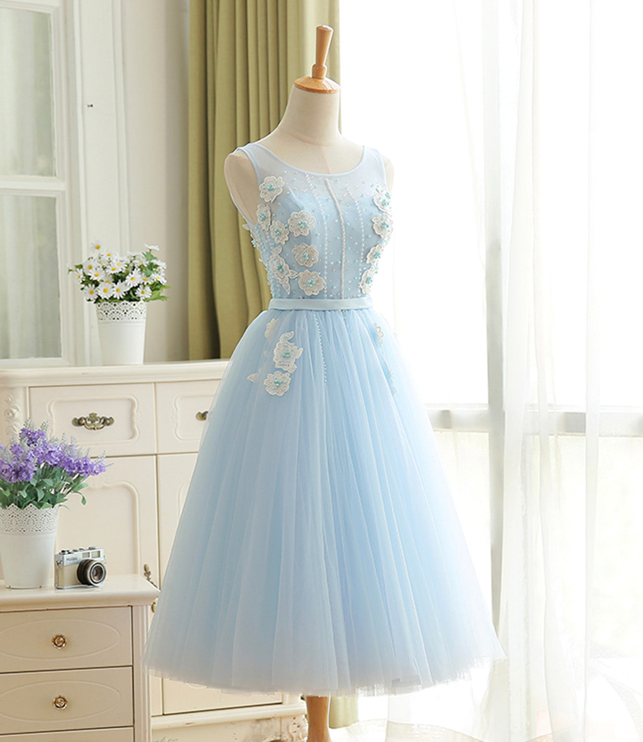 Blue tulle lace short prom dress A line homecoming dress HZ1023