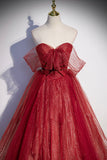 Burgundy tulle sequins long prom dress A line evening gown HZ1023