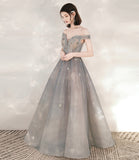 Gray tulle sequins long prom dress with star HZ1023