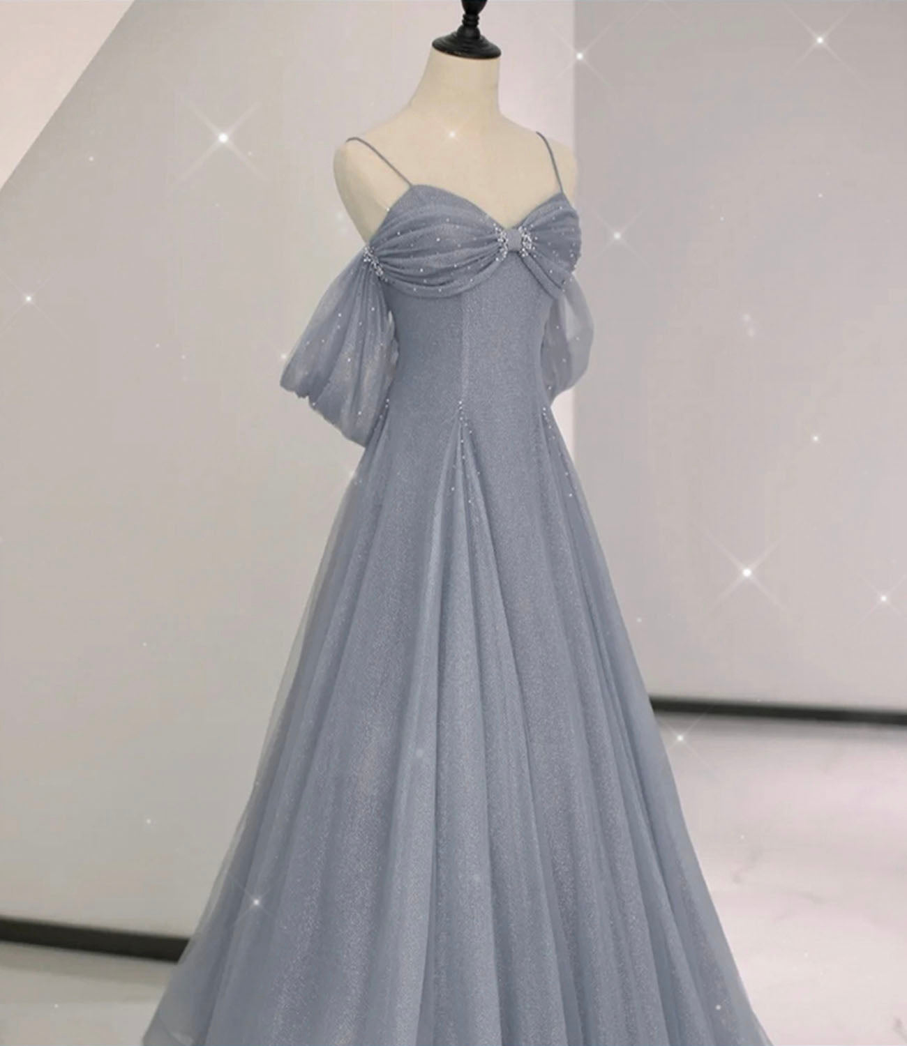 Gray tulle sequins long prom dress gray evening dress HZ1023