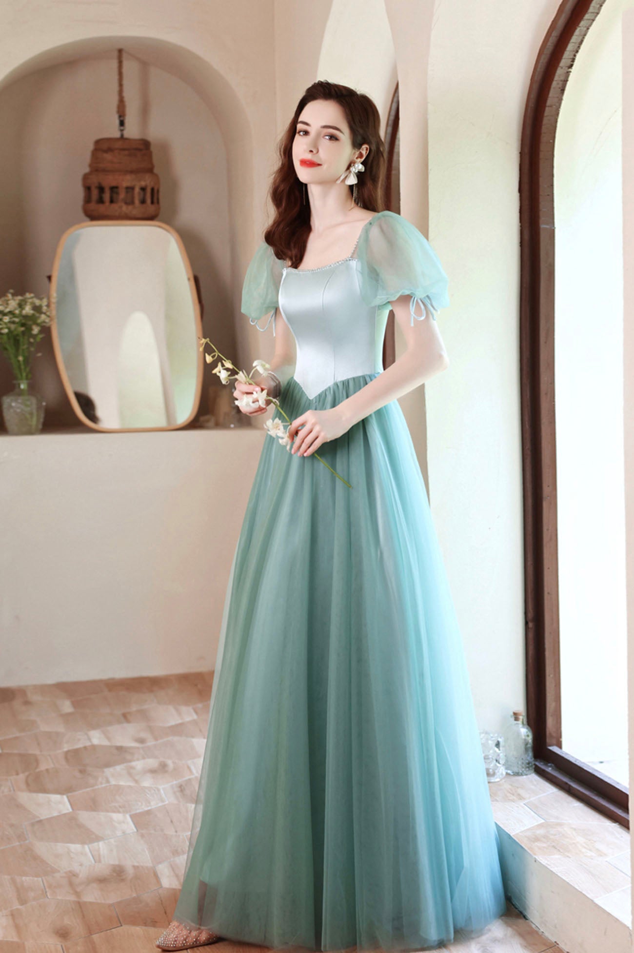 Green satin tulle long prom dress green evening dress HZ1023