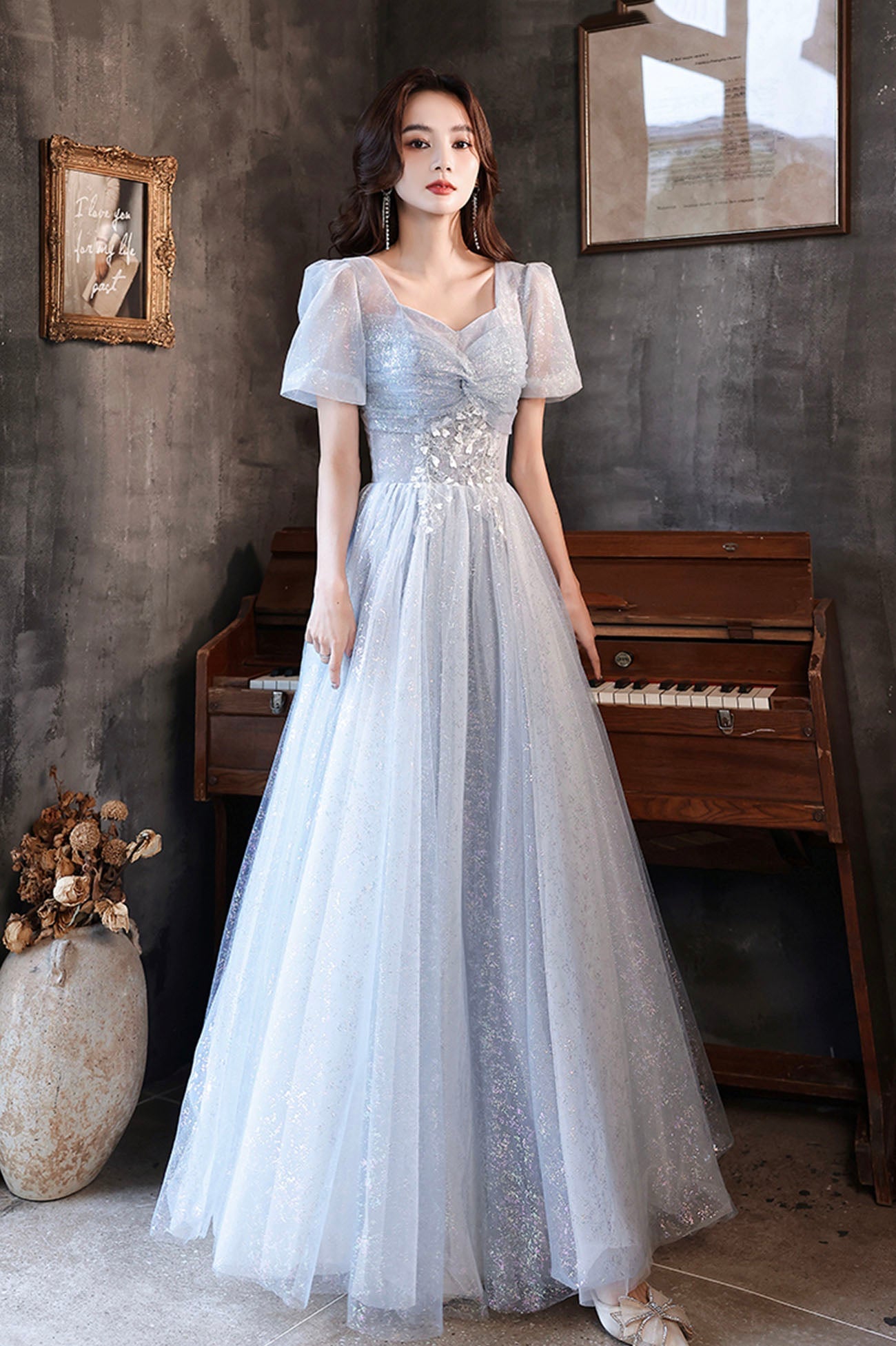 Cute tulle beads long prom dress blue evening dress HZ1023