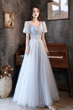 Cute tulle beads long prom dress blue evening dress HZ1023