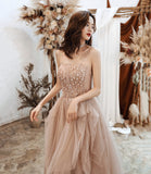 Cute tulle sequins long prom dress A line evening gown HZ1023
