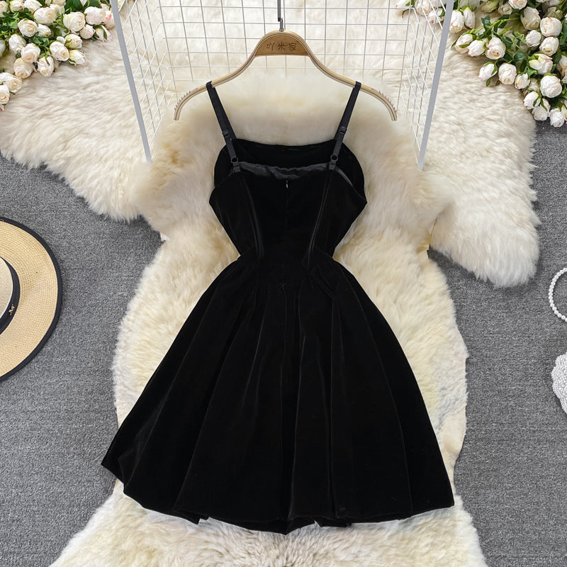 Black Velvet Short Dress Black Fashion Dress HZ1023