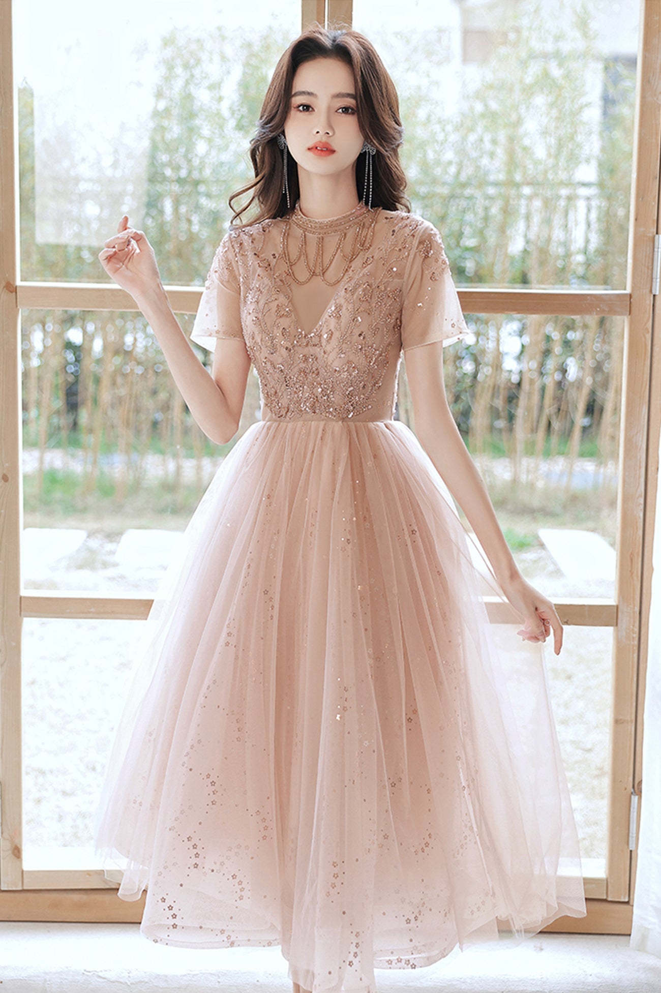 Cute tulle beads short prom dress A line party dress HZ1023
