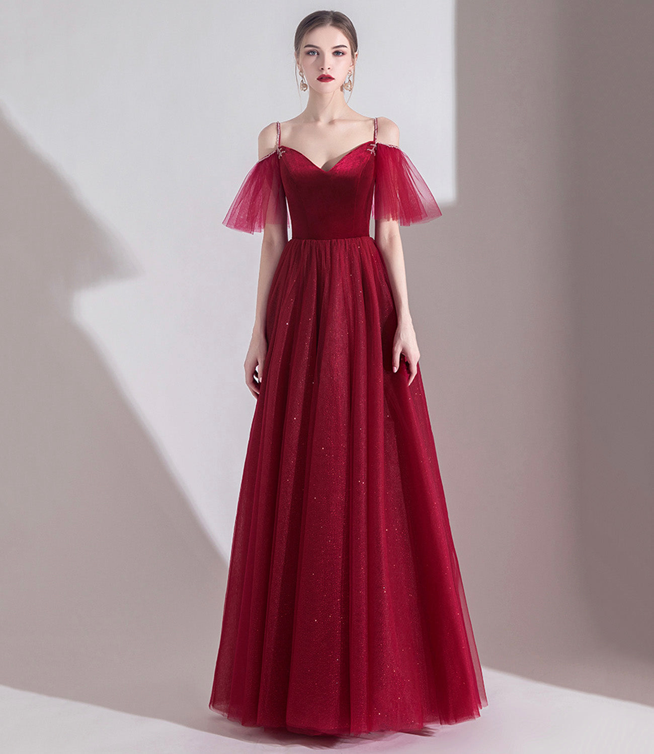 Bugundy velet tulle long prom dress A line evening dress HZ1023