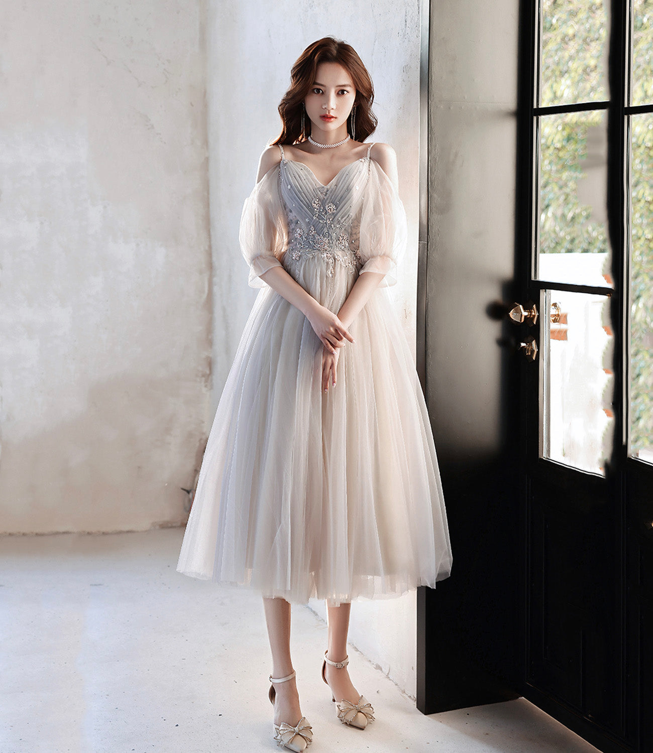 Cute tulle lace A line prom dress lace evening dress HZ1023