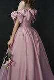 Unique Design Pink Bow Satin Long Prom Dress Princess Dress HZ1023