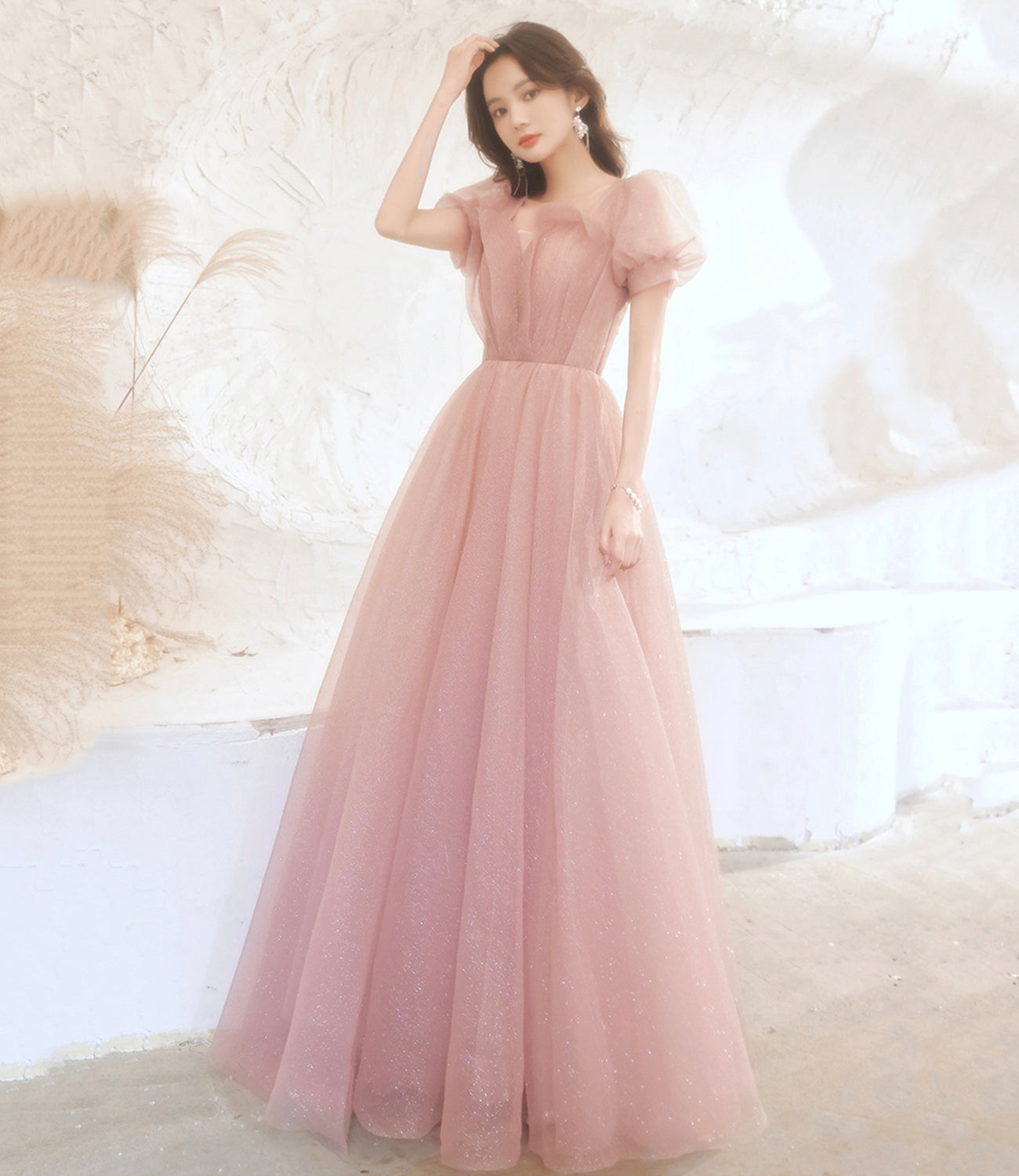 Cute tulle long prom dress pink A line evening dress HZ1023