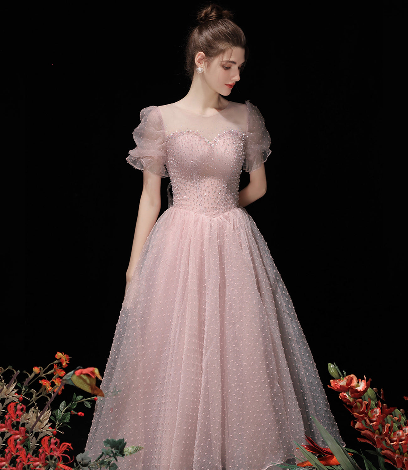 Pink tulle beads short prom dress A line homecoming dress HZ1023