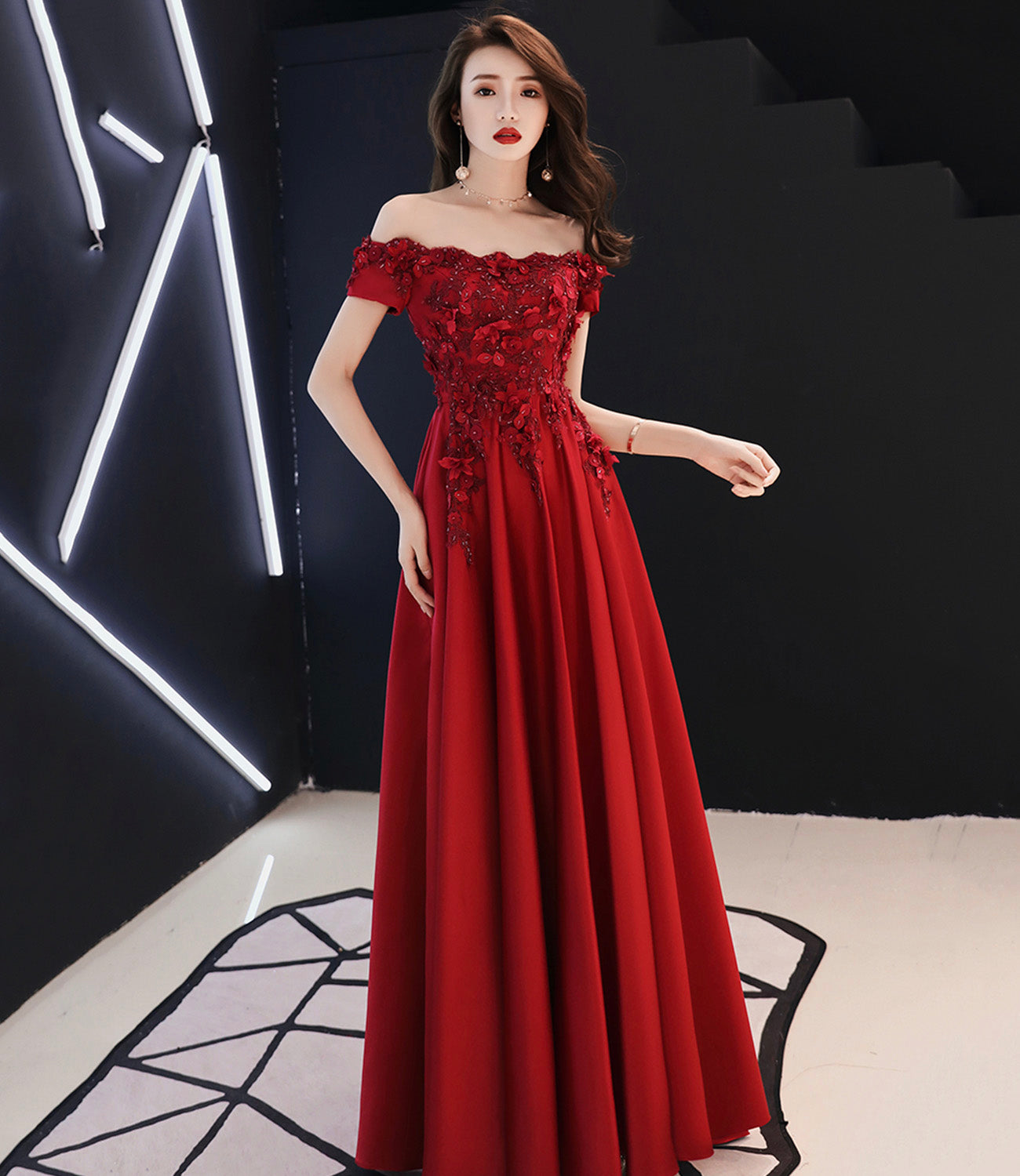 Burgundy satin lace long prom dress A line evening dress HZ1023