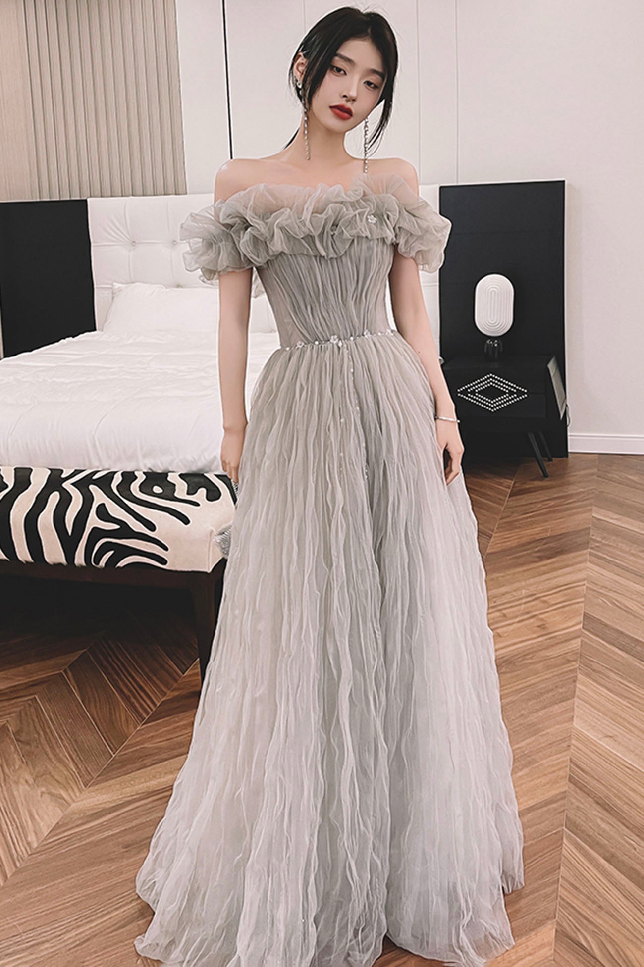 Gray tulle long prom dress A line evening dress HZ1023