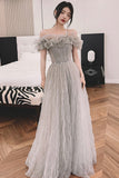 Gray tulle long prom dress A line evening dress HZ1023