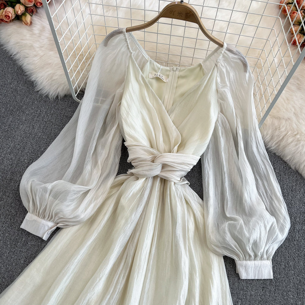 Champagne V Neck Long Sleeve Dress A Line Fashion Dress HZ1023