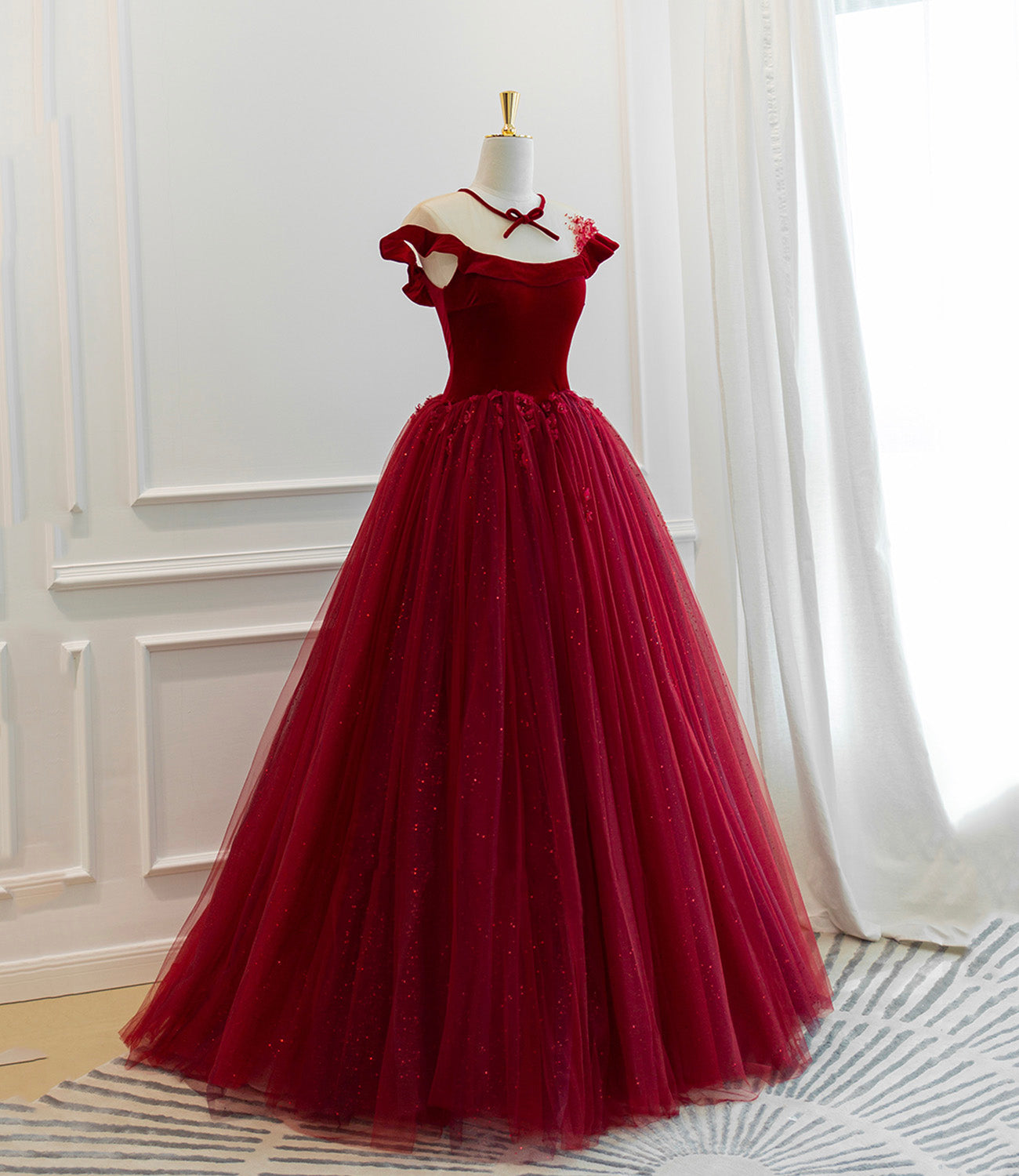 Burgundy velvet tulle long prom dress A line evening gown HZ1023