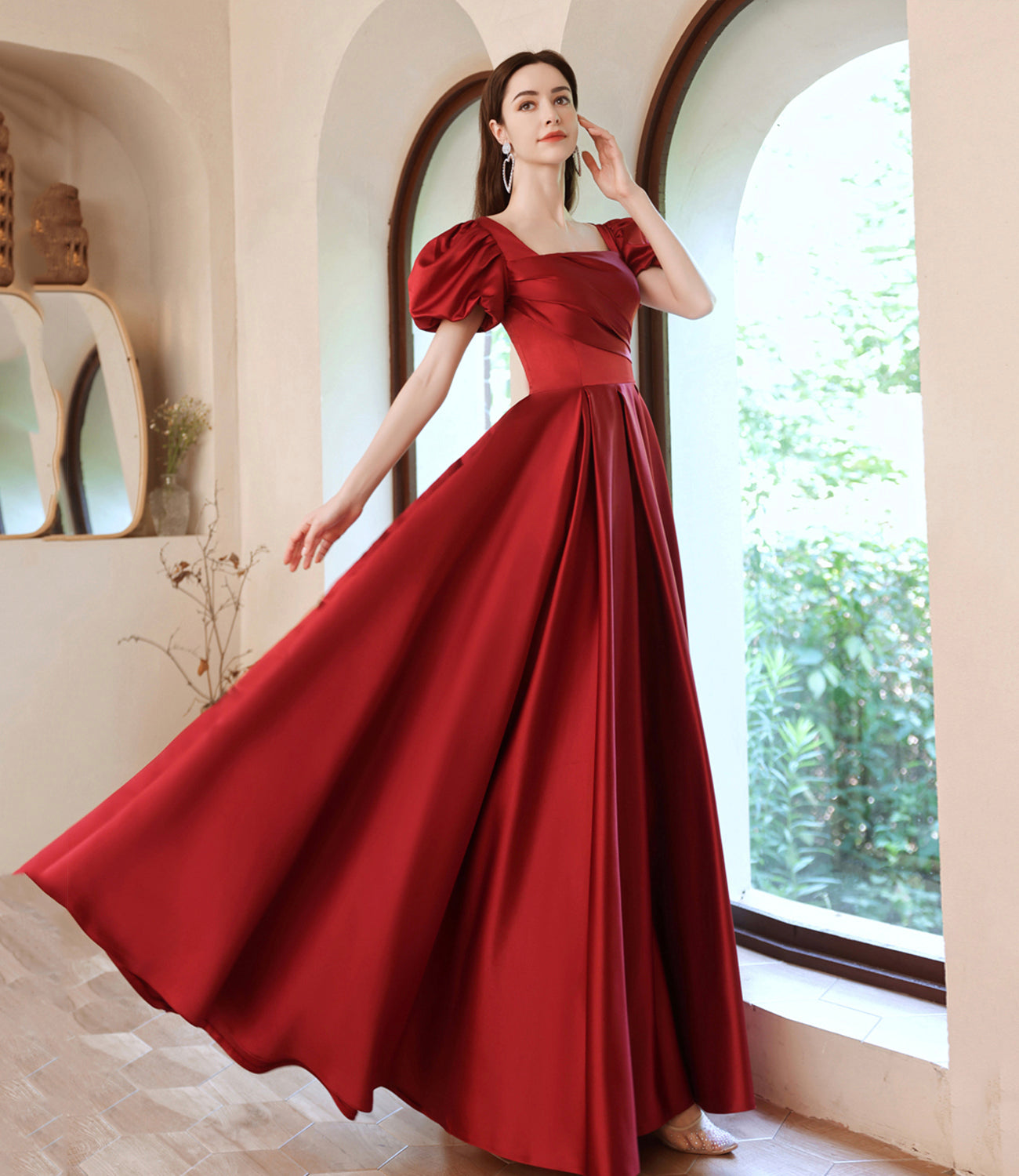 Red satin long A line prom dress red evening dress HZ1023