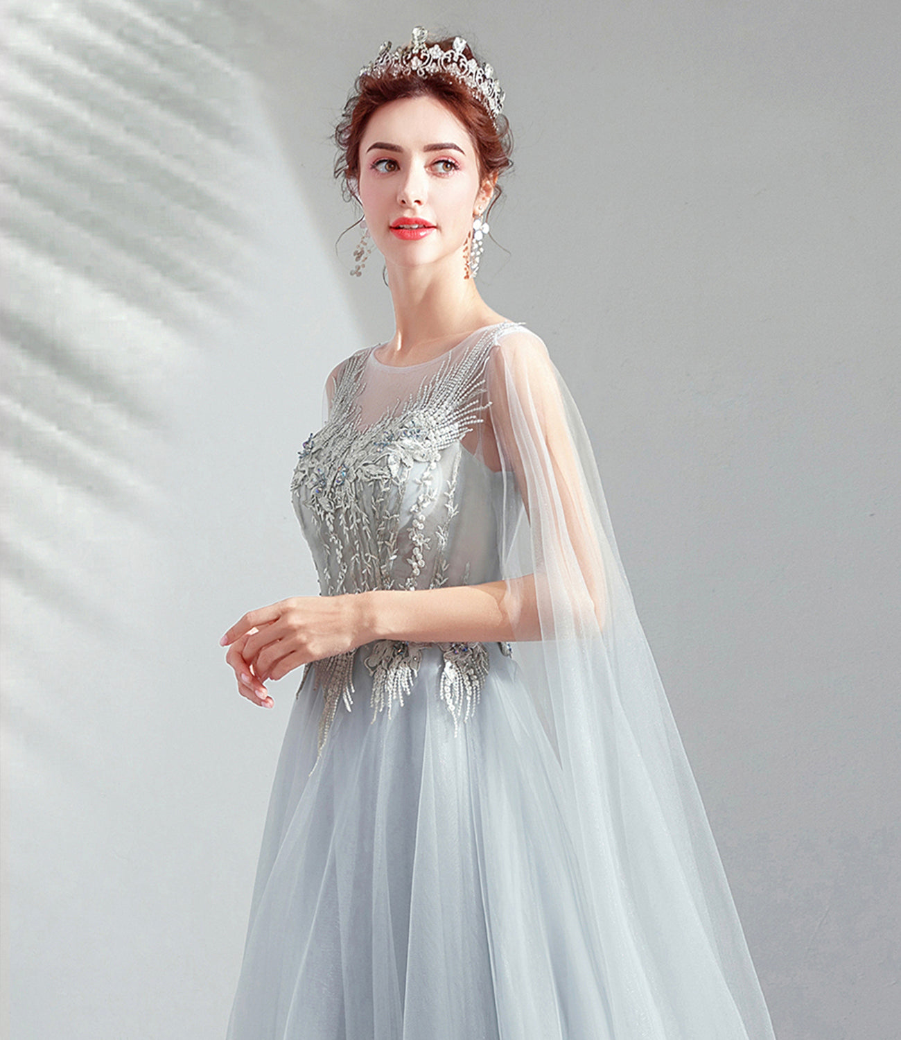 Gray tulle lace long prom dress A line evening dress HZ1023