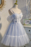 Blue tulle lace short prom dress homecoming dress HZ1023