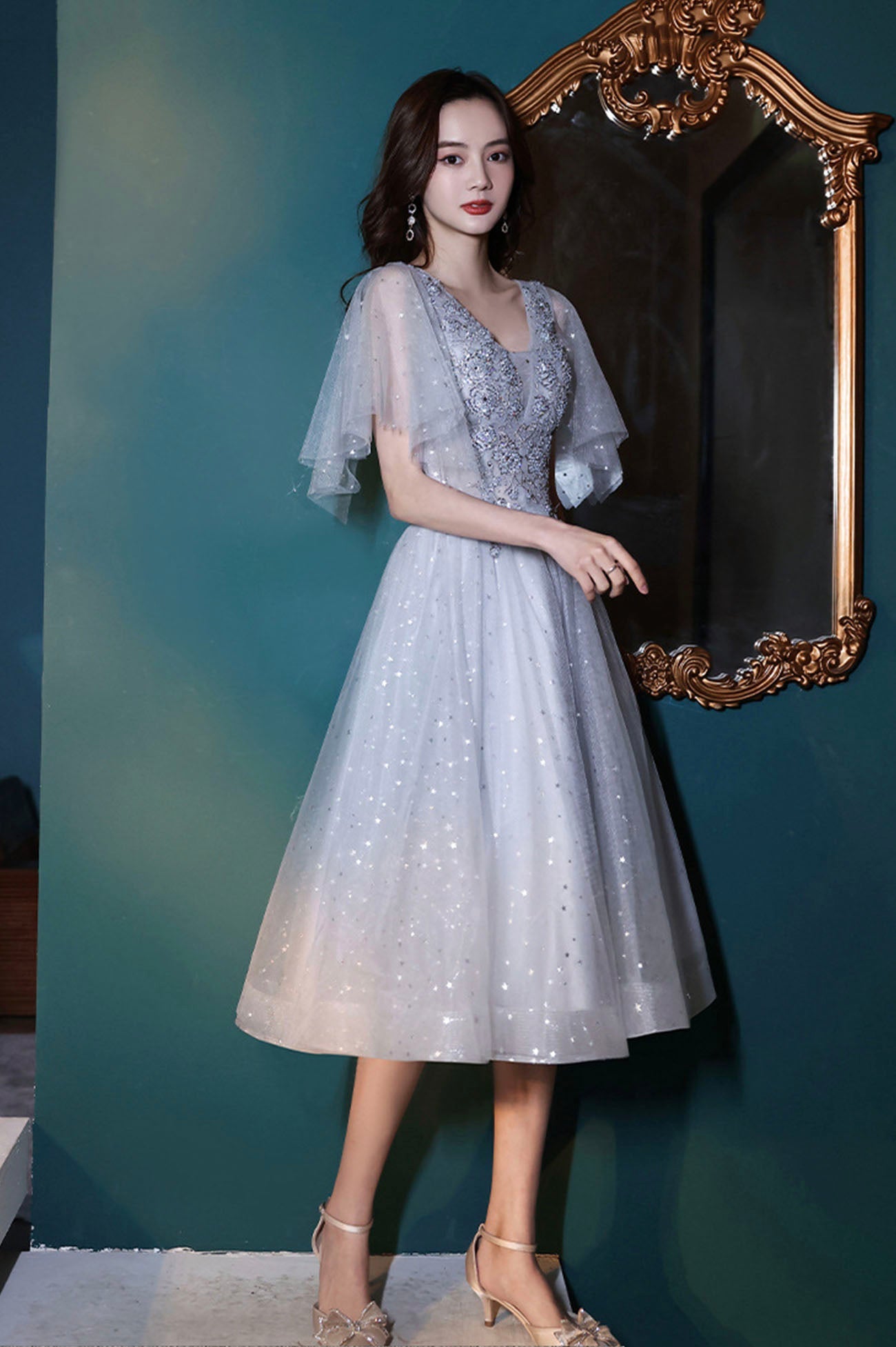 Gray tulle sequins short prom dress homecoming dress HZ1023