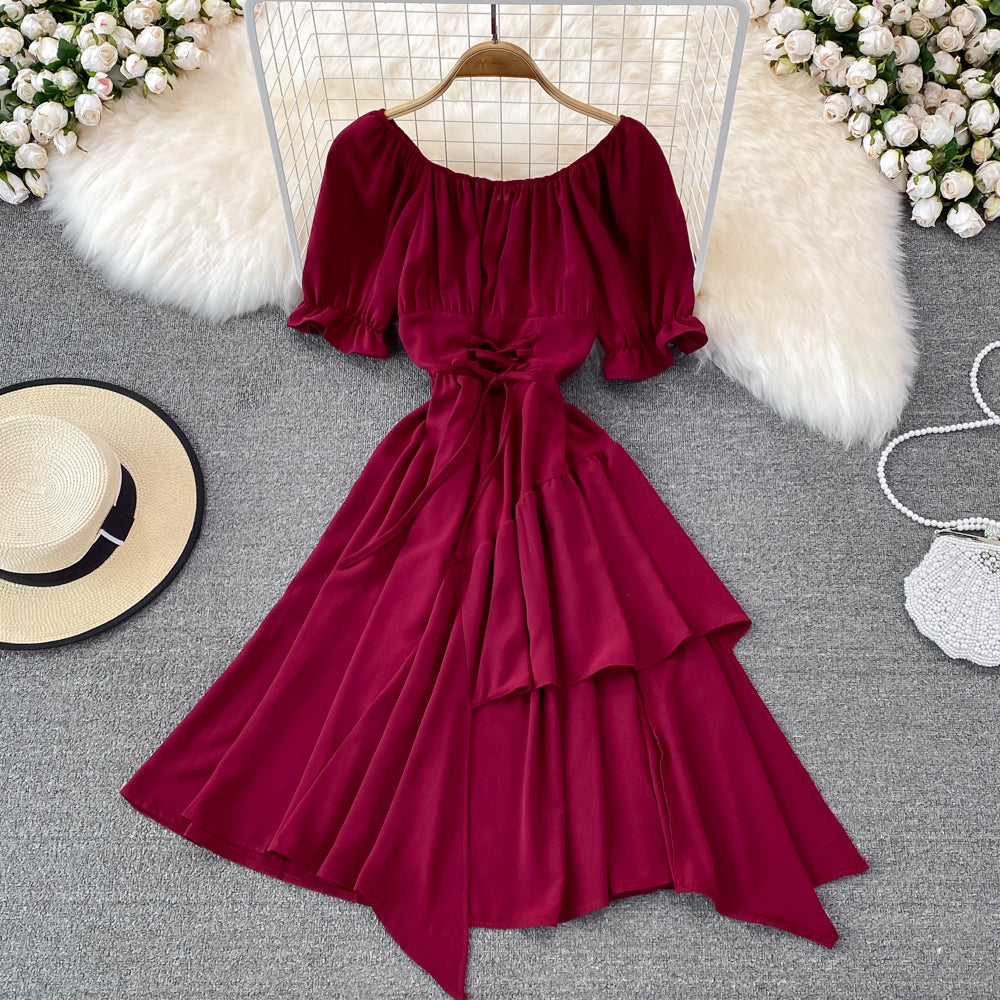 Simple Lace-Up Dress With Irregular Dress HZ1023