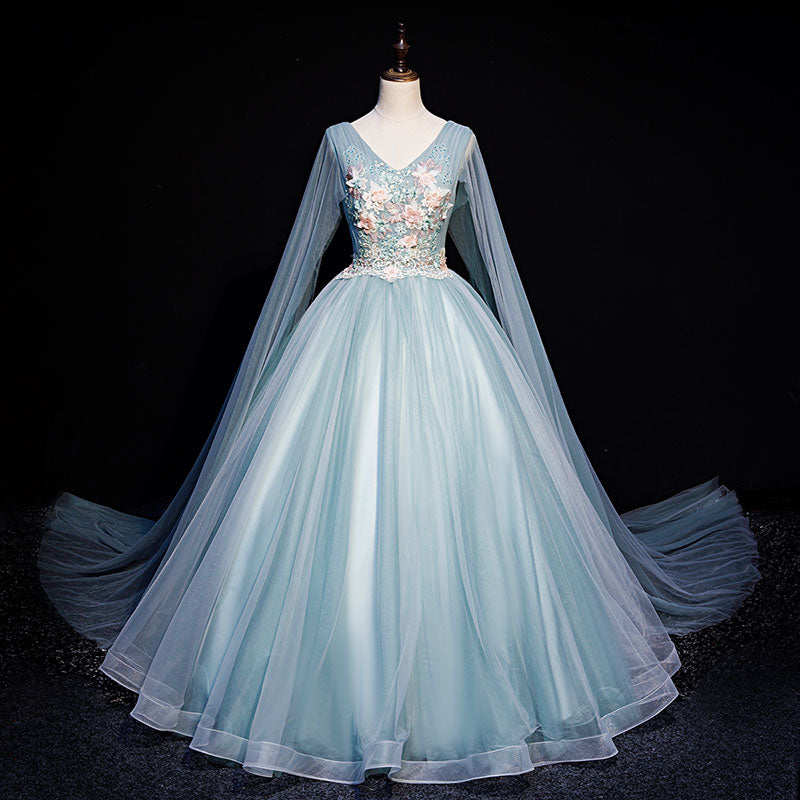 Blue tulle lace long prom dress blue evening dress HZ1023