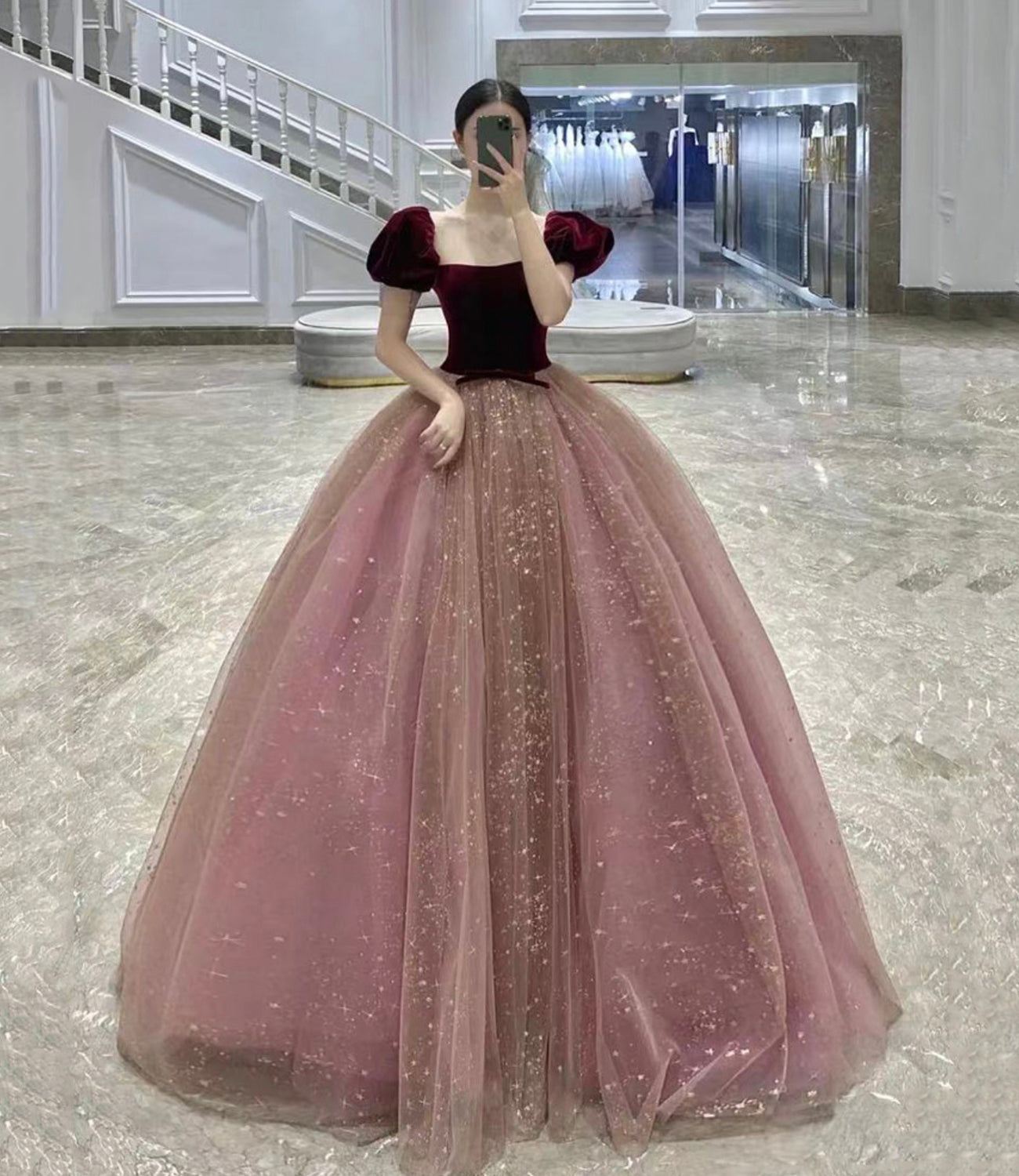 Cute velvet tulle long prom dress A line evening gown HZ1023
