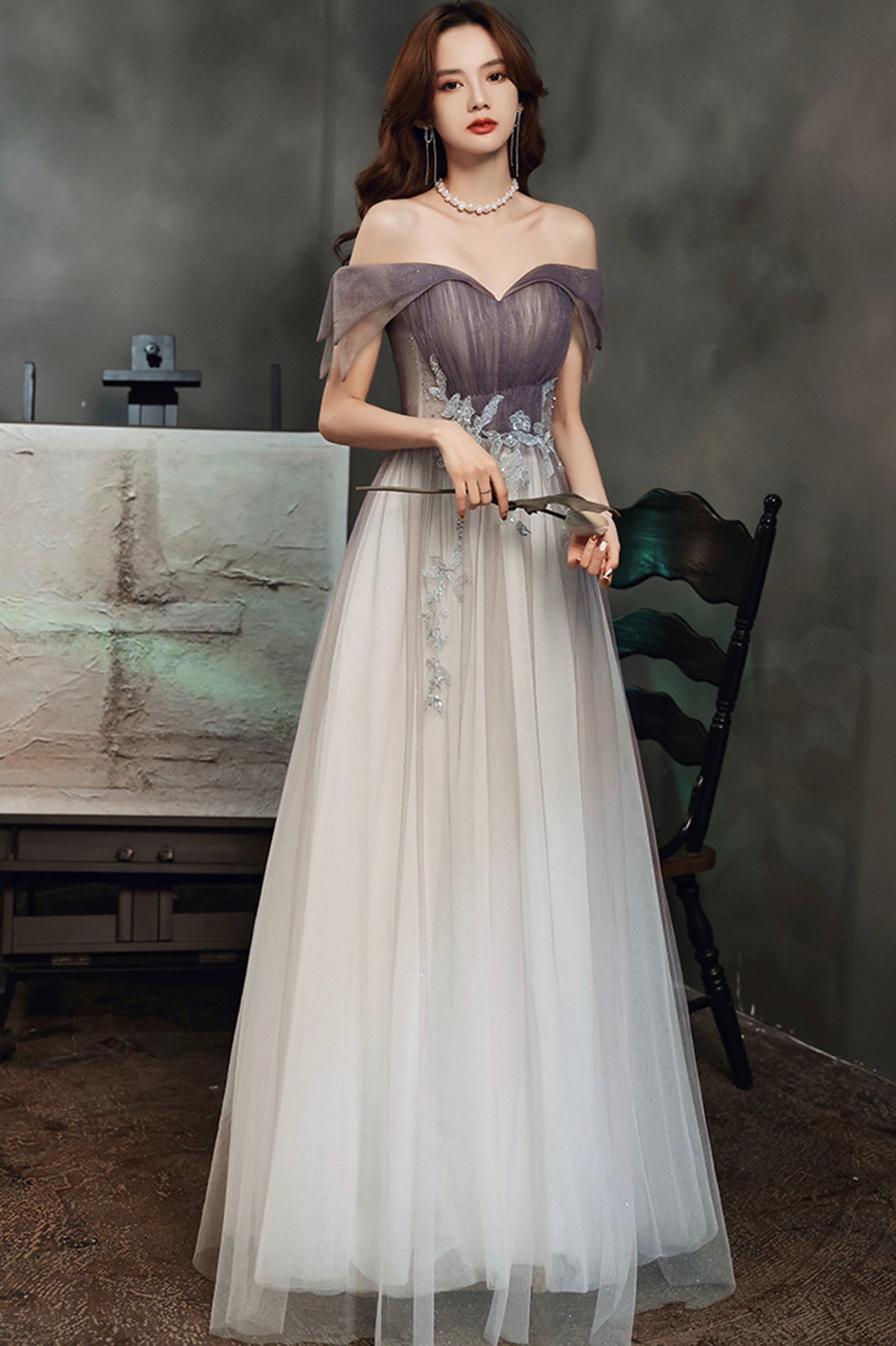 Purple tulle sequins long prom dress A line evening dress HZ1023