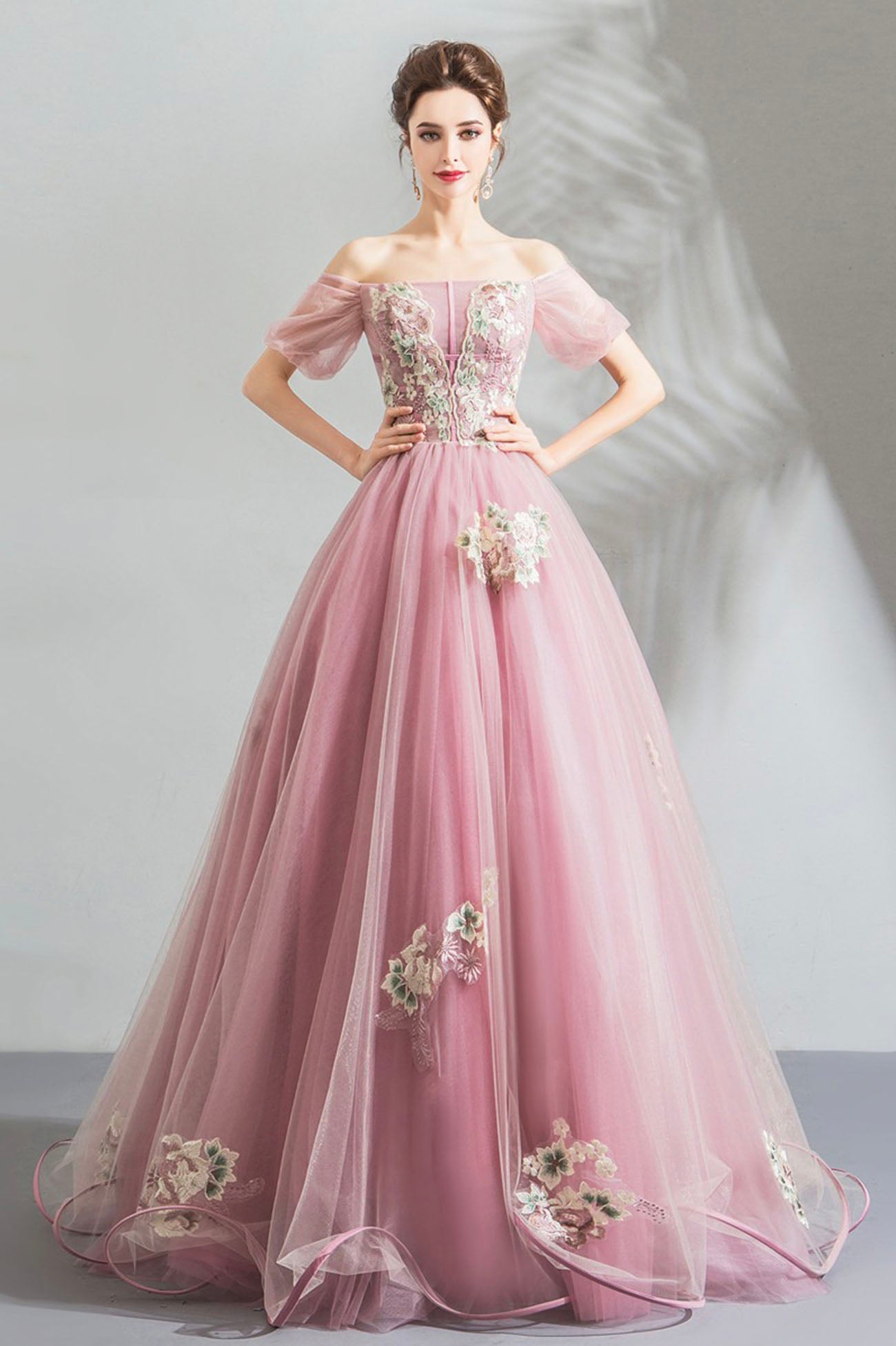 Pink tulle lace long prom dress evening dress HZ1023