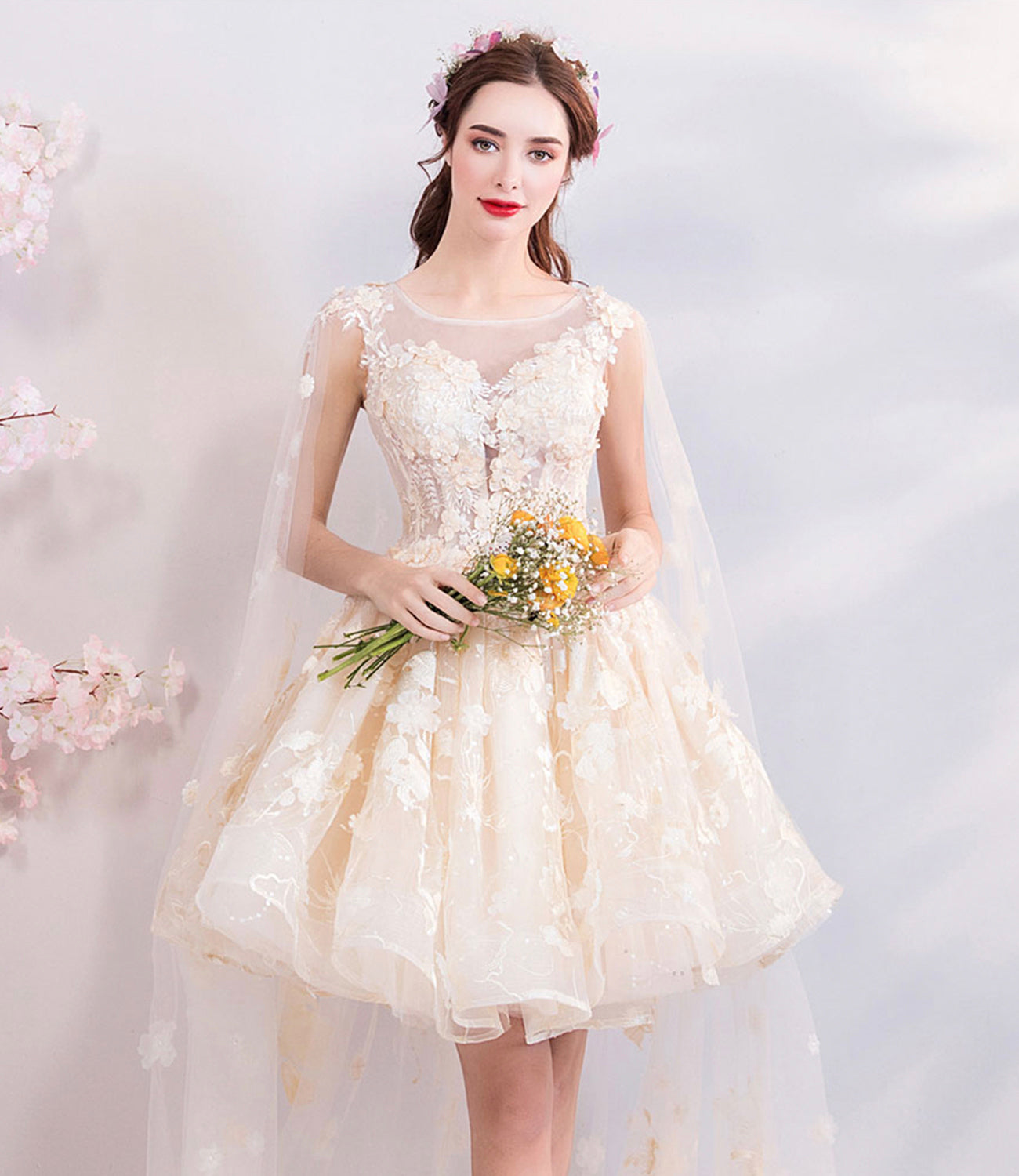Champagne tulle lace short prom dress homecoming dress HZ1023