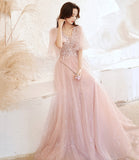 Pink tulle lace long prom dress pink evening dress HZ1023
