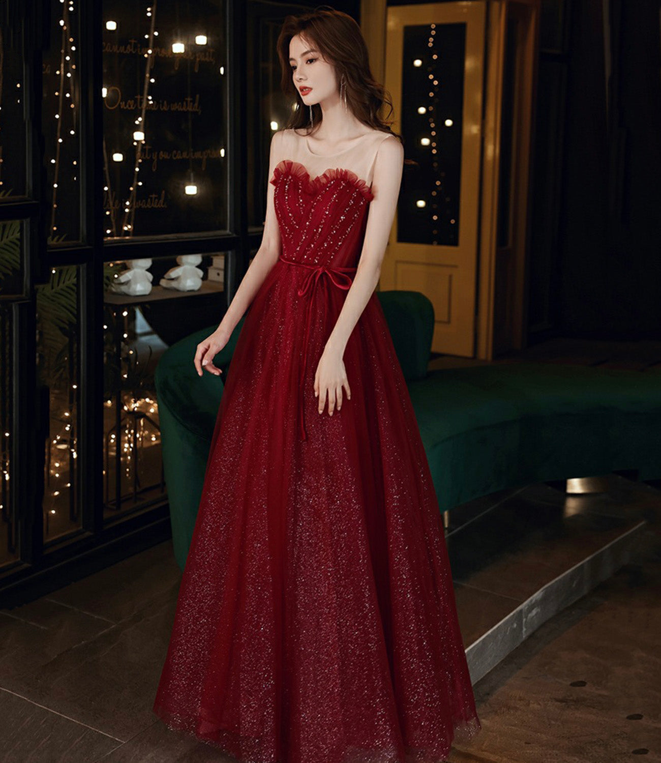 Burgundy tulle sequins long prom dress A line evening dress HZ1023