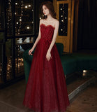 Burgundy tulle sequins long prom dress A line evening dress HZ1023