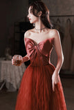 Burgundy satin tulle long prom dress A line evening dress HZ1023