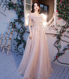Pink tulle beads long prom dress A line evening dress HZ1023