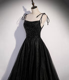 Black tulle beads long prom dress A line evening dress HZ1023