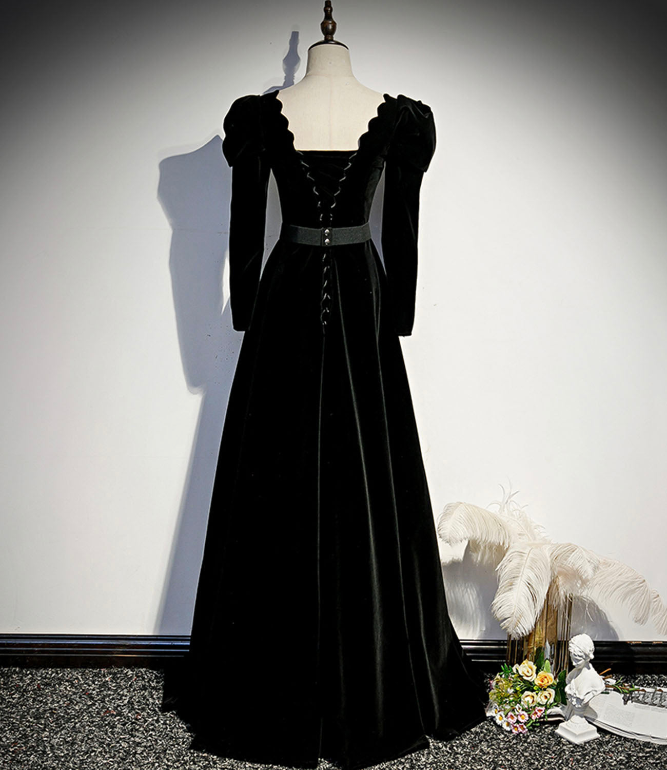 Black velvet long prom dress A line evening dress HZ1023