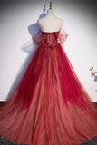 Burgundy tulle sequins long prom dress A line evening gown HZ1023